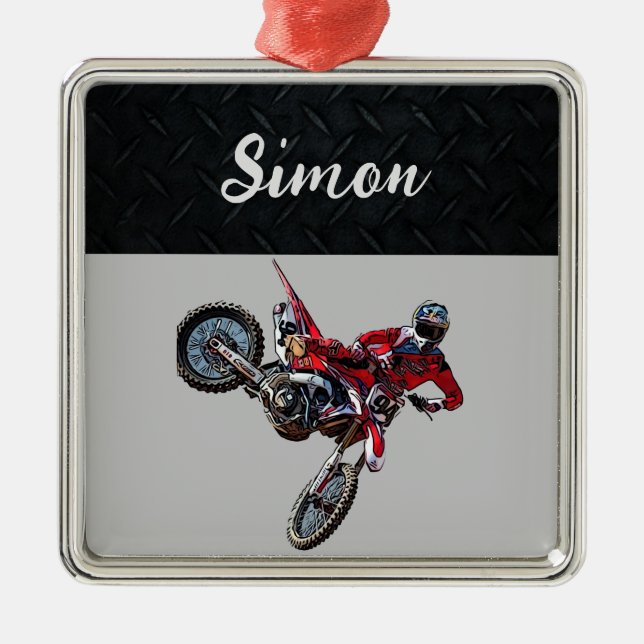  Red Dirt Bike Sports Boy Christmas Boy  Metal Ornament (Front)
