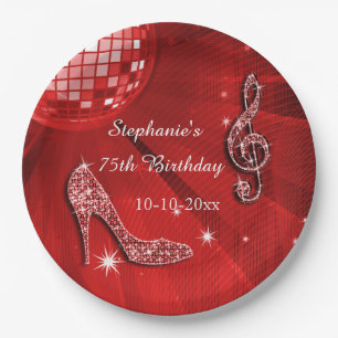 Red Disco Ball and Heels 75th Birthday Paper Plate