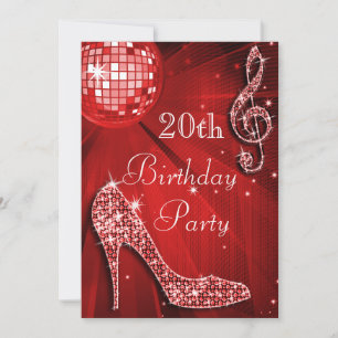 Red Disco Ball and Sparkle Heels 20th Birthday Invitation