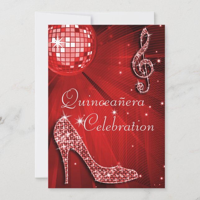 Red Disco Ball and Sparkle Heels Quinceañera Invitation (Front)