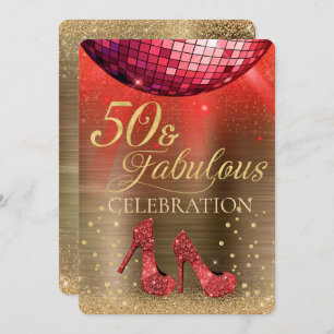 Red Disco Ball Gold 50 and Fabulous Birthday Invitation