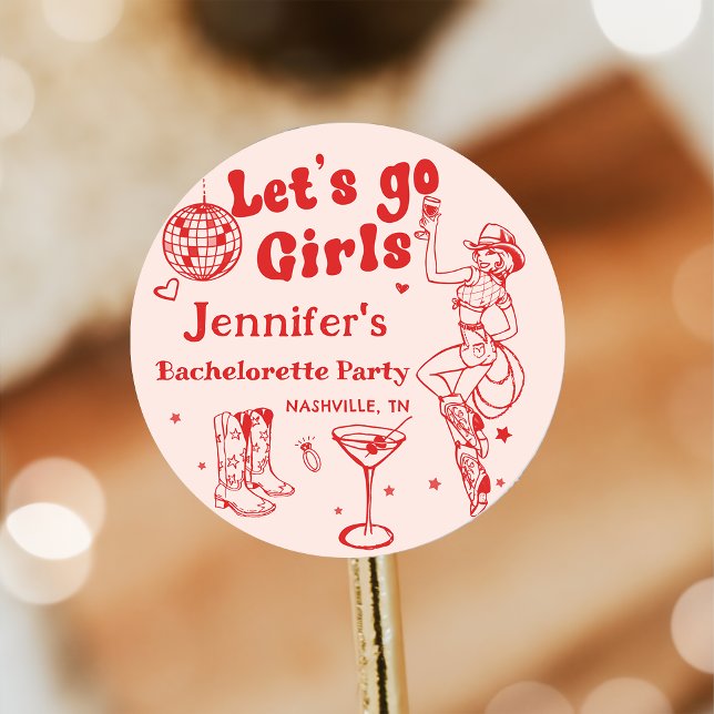 Red Disco Cowgirl Rodeo Bachelorette Party Classic Round Sticker (Creator Uploaded)