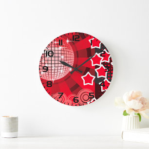 Red Disco Party Theme with Stars and Glitter Ball  Large Clock