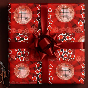 Red Disco Party Theme with Stars and Glitter Ball  Wrapping Paper