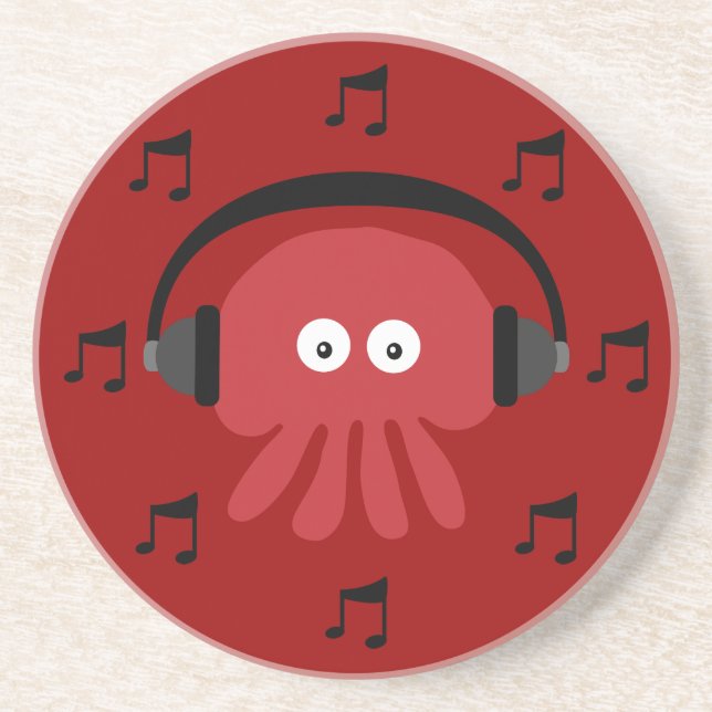 Red DJ Jellyfish, Headphones & Musical Notes Coaster (Front)