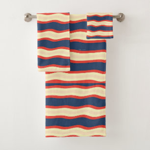Red Dk Blue Creme Wavy Bath Towel Set