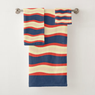 Red Dk Blue Wavy Creme Bath Towel Set