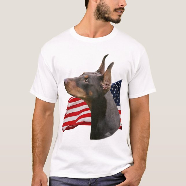 Red Doberman Pinscher head with Flag T-Shirt (Front)