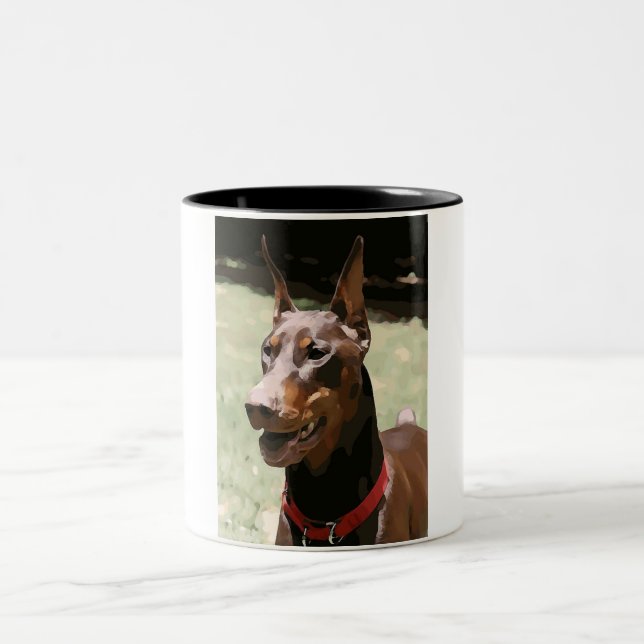 Red Doberman Portrait (v9-2) Two-Tone Coffee Mug (Center)
