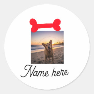 Red dog bone photo pet dog cat name simple gifts classic round sticker