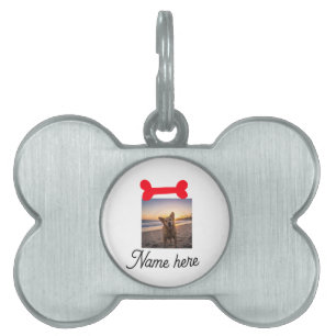 Red dog bone photo pet dog cat name simple gifts ID tag