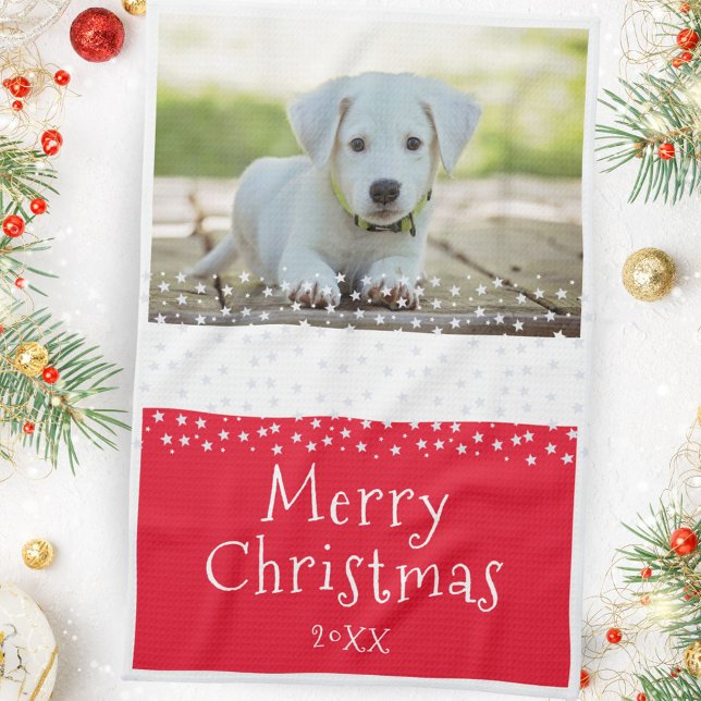 Red Dog Pet Photo Stars Merry Christmas  Tea Towel (Creator Uploaded)
