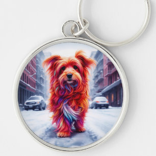 Red dog walking down snowy winter street key ring