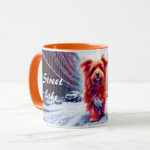 Red dog walking down snowy winter street mug