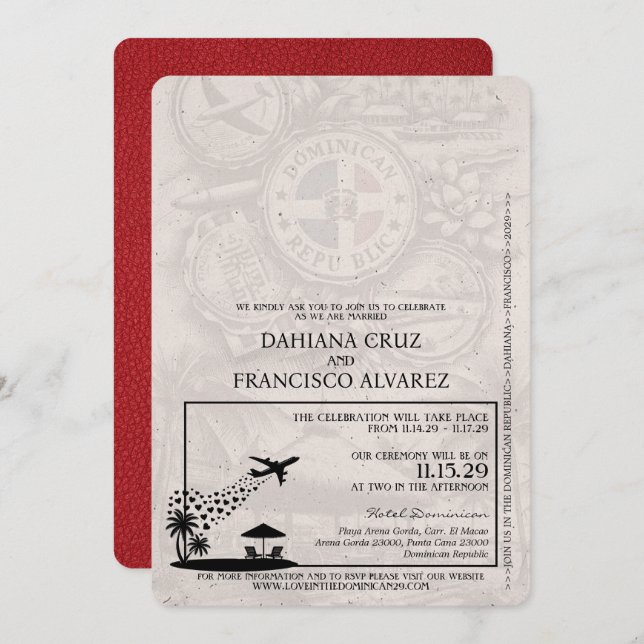 Red Dominican Republic Passport Wedding Invitation (Front/Back)