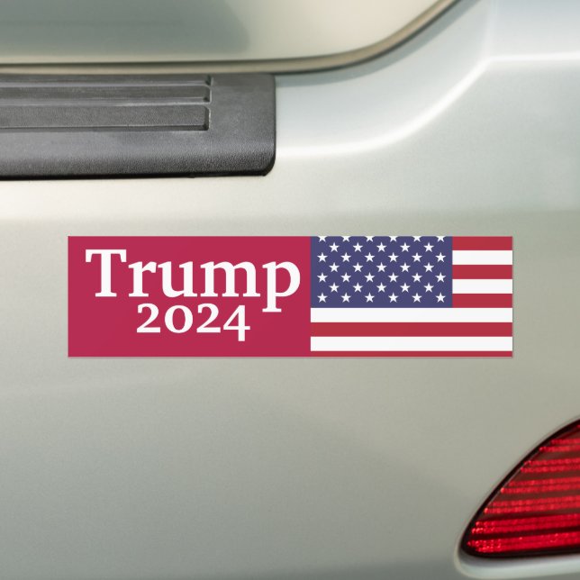 Red Donald Trump 2024 American Flag Bumper Sticker (On Car)