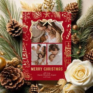 Red Doodle 3 Photo Christmas Gold Foil Holiday Card