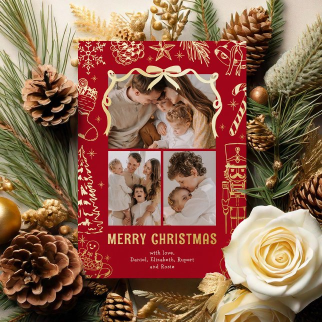 Red Doodle 3 Photo Christmas Gold Foil Holiday Card (Creator Uploaded)