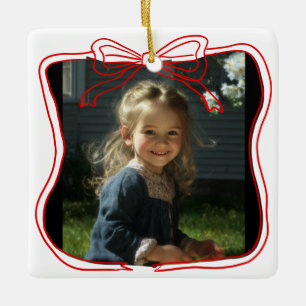 Red Doodle Bow Frame Custom Photo Ceramic Ornament