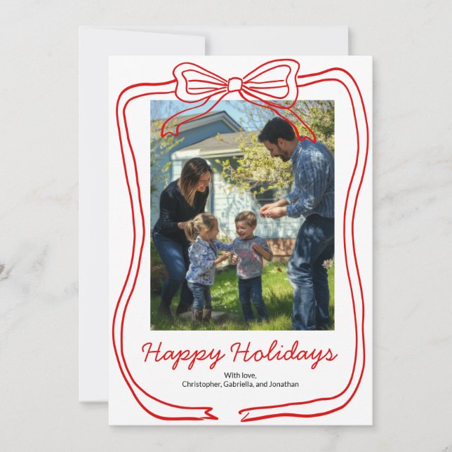 Red Doodle Bow Frame Custom Photo  Holiday Card (Front)