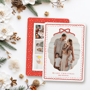 Red Doodle Frames & Bow 4 Photo Christmas Holiday Card