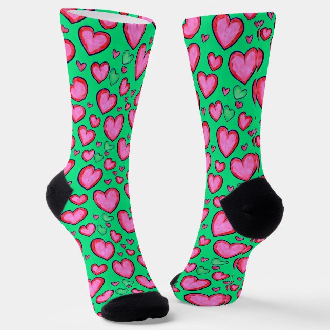 Red Doodle Heart Socks (Angled)