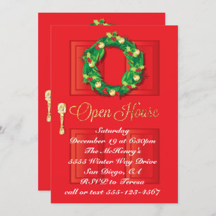Red Door Christmas Holiday Open House with wreath Invitation
