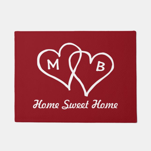 Red door mat with interlocking hearts and initials (Front)