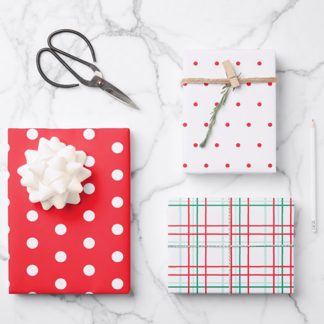 Red Dot and Plaid Christmas Collection Wrapping Paper Sheet (Front)