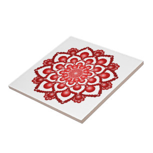 Red Dot Mandala Flower Ceramic Tile