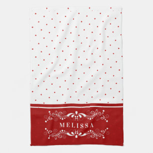 Red Dots & Vintage Floral Swirls Frame Monogram Tea Towel