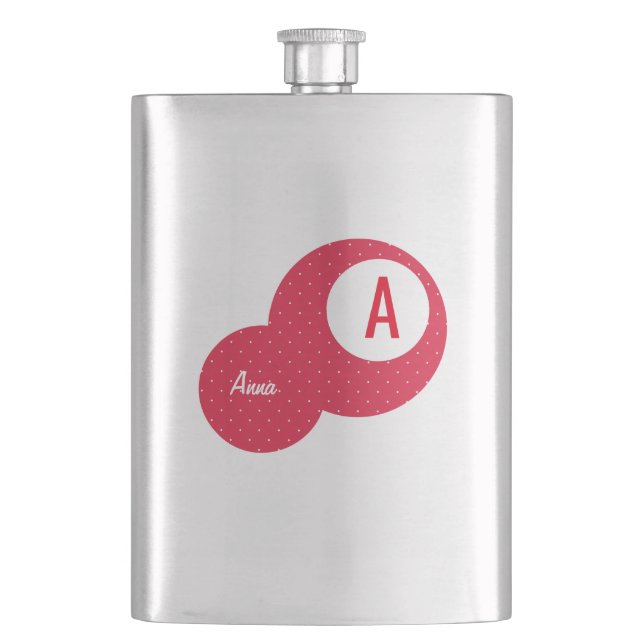 Red Dotty Personalised Monogram  Hip Flask (Front)