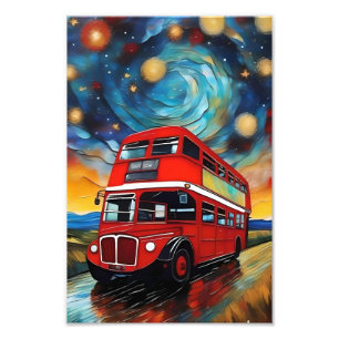 Red Double Decker Bus On A Starry Night, Photo Print