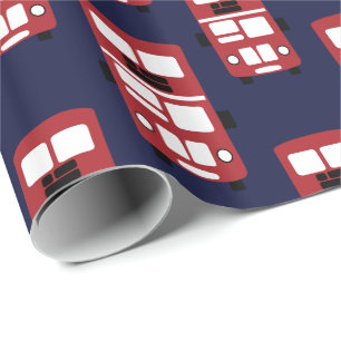 Red double decker bus on navy blue wrapping paper