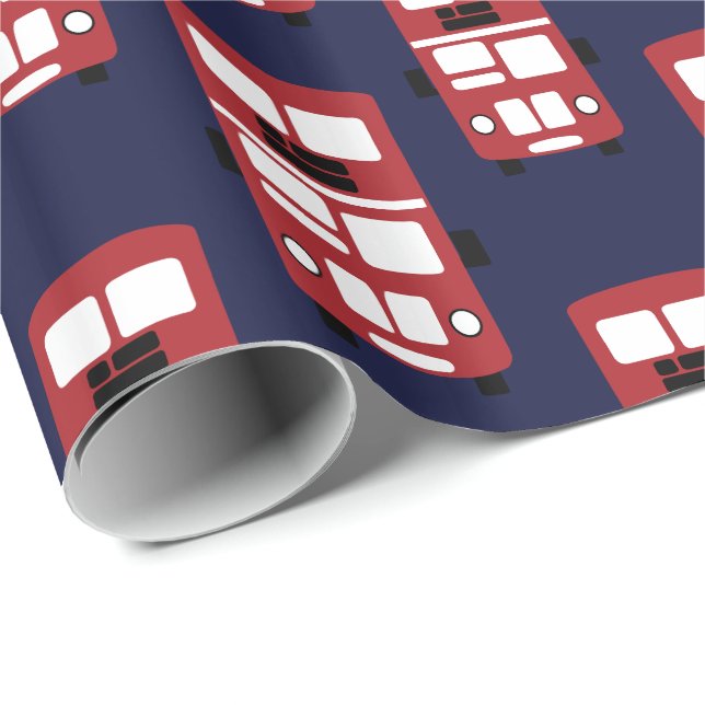 Red double decker bus on navy blue wrapping paper (Roll Corner)