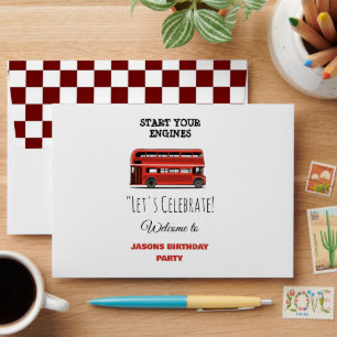 Red Double Decker City Bus Birthday welcome sign Envelope
