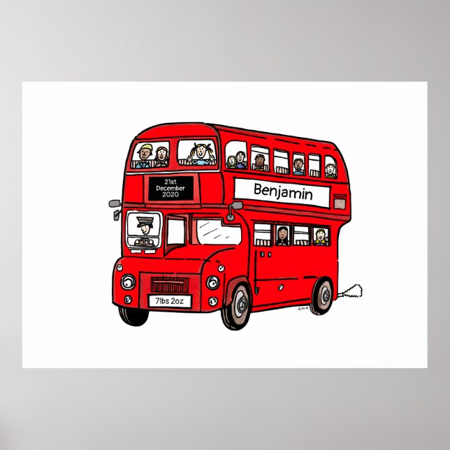 Red Double Decker London Bus Birth Print Poster (Front)