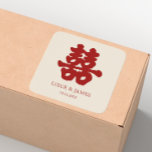 RED Double Happiness Chinese calligraphy asian Square Sticker<br><div class="desc">A contemporary double happiness design featuring the Chinese character "Double Happiness" in calligraphyi red over an ivoy background. The "Double Happiness is a well-known Chinese character that is typically used in Chinese weddings as a sign of luck, happiness, and love for the newlywed couple. It is a musth have for...</div>