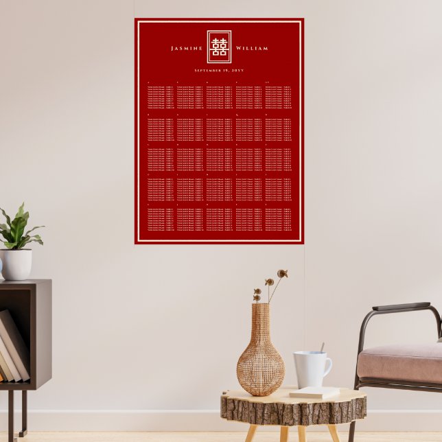 Red Double Happiness Chinese Wedding Seating Chart (Living Room 3)