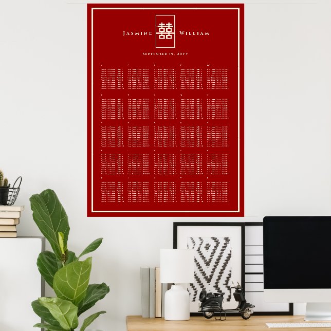 Red Double Happiness Chinese Wedding Seating Chart (Home Office)
