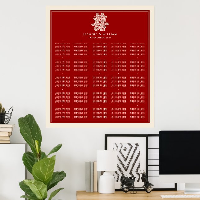 Red Double Happiness Chinese Wedding Seating Chart (Home Office)