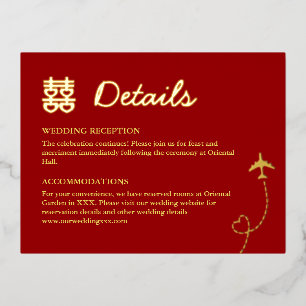Red double happiness destination wedding details foil invitation postcard