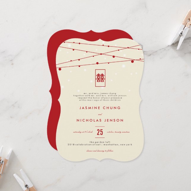 Red Double Happiness Fairy Lights Chinese Wedding Invitation (Front/Back In Situ)