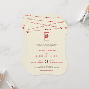 Red Double Happiness Fairy Lights Chinese Wedding Invitation