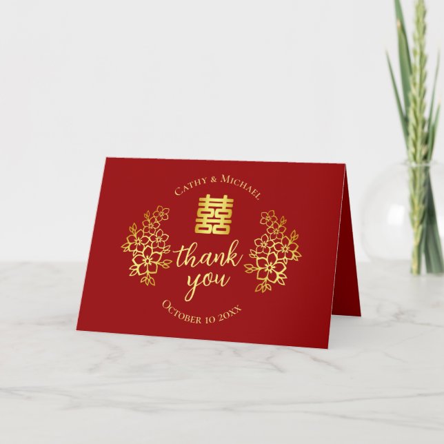 Red double happiness floral chinese wedding  thank you card (Front)
