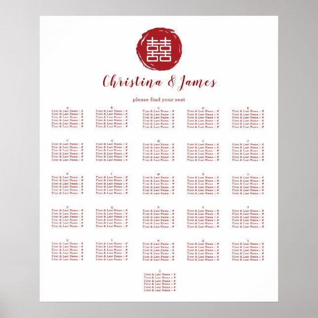 Red Double Happiness Wedding Seating Chart (Front)