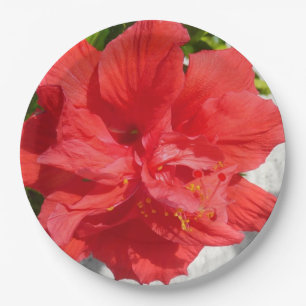 Red Double Hibiscus Flower Paper Plate