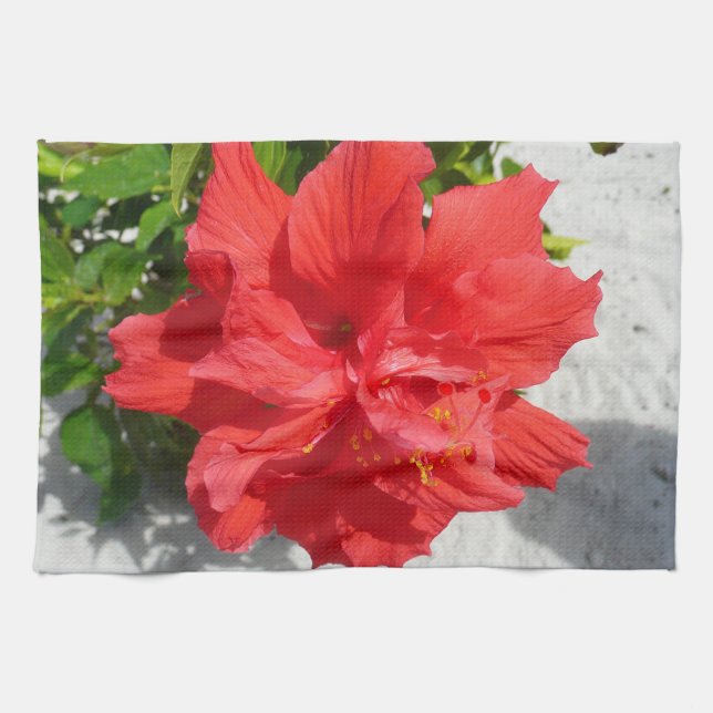 Red Double Hibiscus Flower Tea Towel (Horizontal)