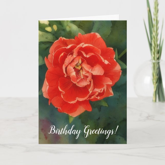 Red Double Petal Tulip Flower Art Birthday Card (Front)