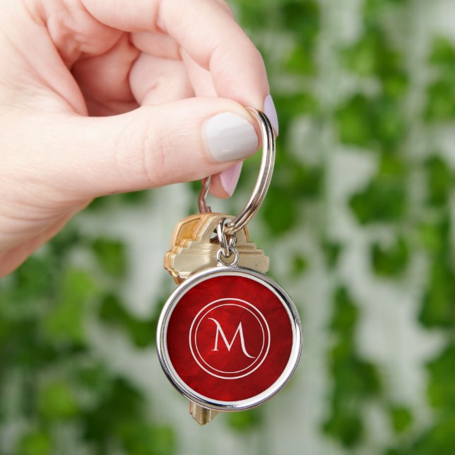 Red Double Silver Frame Monogram Key Ring (Hand)